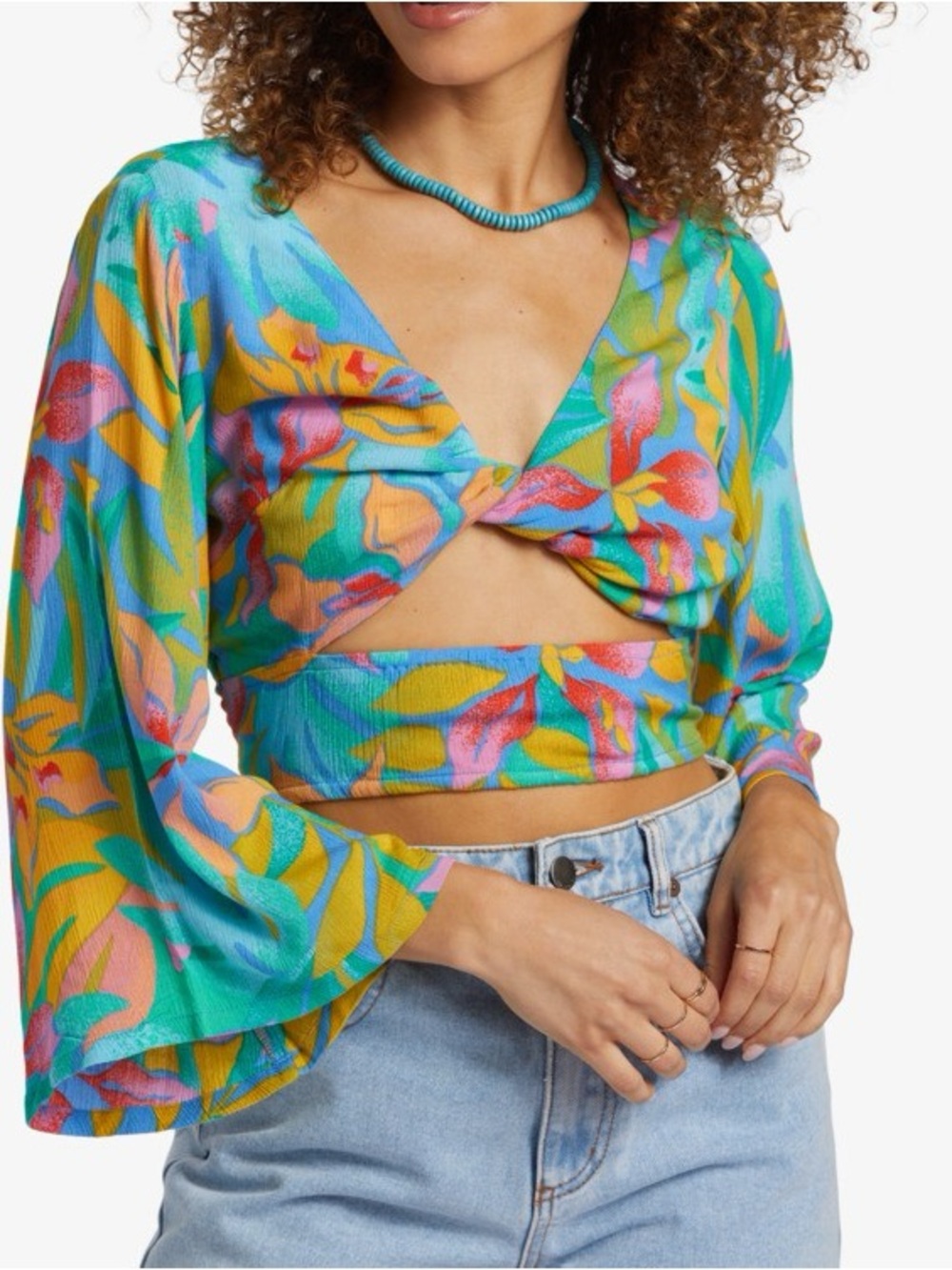 🌺 NWT Billabong Summer Heat Tropical Twist-Front Bell Sleeve Crop Top Size Med - Picture 3 of 8